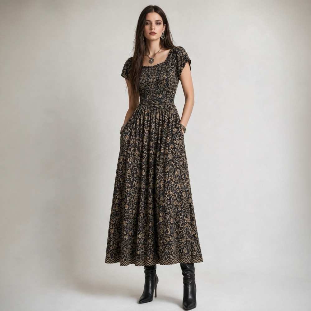 Free People Ultraviolet Maxi Dress L Black Brown Floral Smocked Boho Whimsigoth - Picture 2 of 13